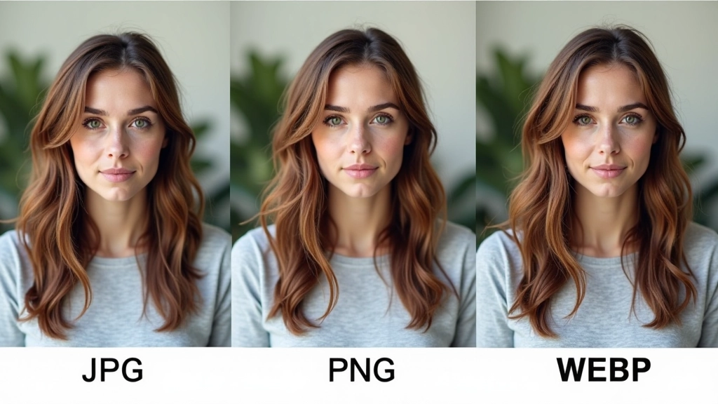 Vergleich derselben Fotografie in JPG, PNG und WebP mit Dateigröße-Anzeige für jedes Format